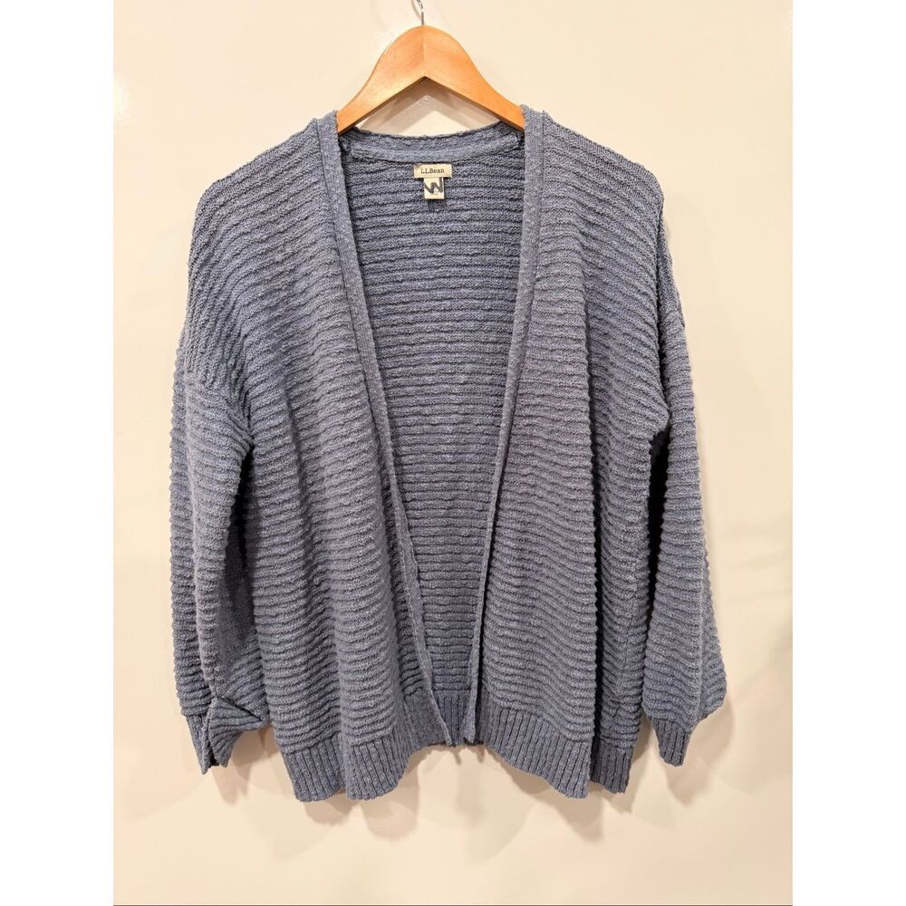 LL Bean Cotton Cardigan Large Petite Blue‎ Open Front